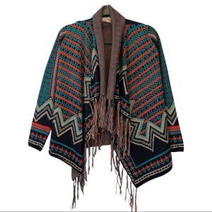 Flying Tomato retro bohemian Aztec print fringed open front cardigan size small